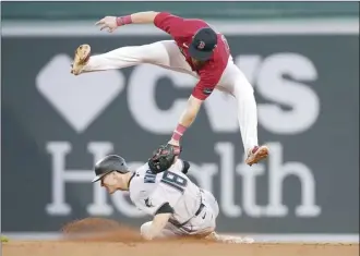  ?? AP photo ?? The Marlins’ Joey Wendle steals second base as the Red Sox’s Christian Arroyo is unable to tag him during the ninth inning Thursday.