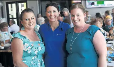  ?? Picture: PAUL CARRACHER ?? SUPPORT: Jo Lane, Kerryn Manning and Melissa Blake at Horsham Harness Racing Club’s Team Teal afternoon tea last week.