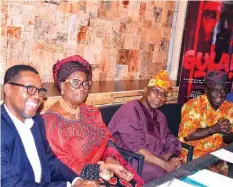  ??  ?? Executive Producer, Gula, Mr. Tunde Oduwole (left); wife of former President, Mrs. Bola Obasanjo; Obasanjo; and actor, Mr. Tunji Sotimirin, at a press conference to announce Gula!... in Lagos
