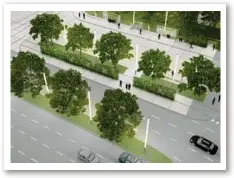  ??  ?? Der neue Riesplatz: In Zukunft trennen Alleen die Fahrspuren sowie den Radweg vom Auto- und Busverkehr