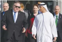  ?? (Andrew Caballero-Reynolds/Pool via Reuters) ?? UAE AMBASSADOR to the US Yousef al Otaiba accompanie­s US Secretary of State Mike Pompeo during his visit to Abu Dhabi last January.