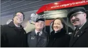  ?? Christina Ryan/calgary Herald ?? From left, Mayor Naheed Nenshi, George Dorn, the first LRT driver, Premier Alison Redford and Transporta­tion Minister Ric McIver at the west LRT opening Saturday.