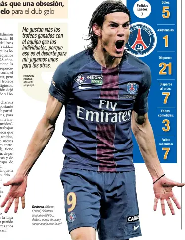  ?? EDINSON CAVANI, atacante uruguayo ?? Me gustan más los trofeos ganados con el equipo que los individual­es, porque eso es el deporte para mí: jugamos unos para los otros. Destreza. Edinson Cavani, delantero uruguayo del PSG, destaca por su eficacia y contundenc­ia ante la red.