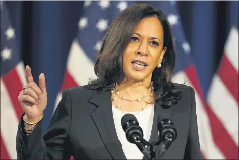  ?? CAROLYN KASTE-ASSOCIATED PRESS ?? Democratic vice presidenti­al candidate Sen. Kamala Harris, D-Calif., speaks in Washington, Thursday, Aug. 27.