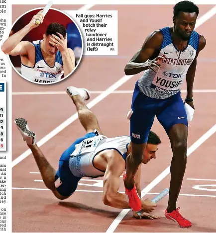  ?? PA ?? Fall gu guys: Harries and Yousif bo botch their re relay h handover and Harries is distraught ( (left)