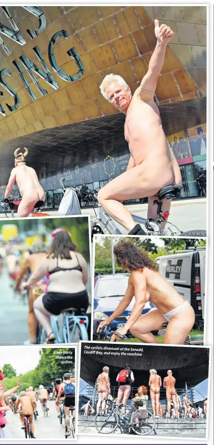  ??  ?? A hen party cheers the cyclists The cyclists dismount at the Senedd, Cardiff Bay,and enjoy the sunshine