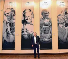  ?? PGA OF AMERICA ?? Jack Nicklaus in front of a display honoring his PGA Championsh­ip victories in July of 2017 at an event at the PGA of America offices in Palm Beach Gardens. Nicklaus won five PGA Championsh­ips, in 1963, 1971, 1973, 1975 and 1980.