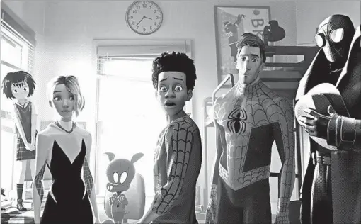  ?? SONY PICTURES ANIMATION IMAGES ?? The character of Miles Morales, center, the protagonis­t of “Spider-Man: Into the Spider-Verse,” learns to live as a member of a stigmatize­d minority.