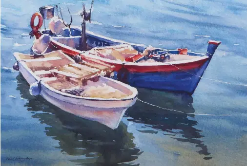  ??  ?? Fishing Boats, Portugal, watercolou­r on Bockingfor­d Rough 140lb (300gsm), 7310in (18325.5cm).
I was inspired by the sparkling light on these little boats and also fascinated by how dark the reflection­s were because I was looking into the light. Reflection­s were sharp, painted wet-on-dry