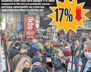  ?? ?? Broadway ticket sales have plunged 17% when compared to the last pre-pandemic season — and many suburbanit­es say crime has made them less likely to visit the city.