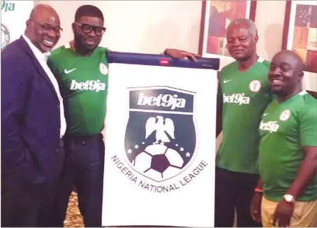  ??  ?? L-R: Nigeria Football Federation (NFF) 1st Vice President, Seyi Akinwumi; Managing Director, Bet9ja, Ayo Ojuroye; Chairman of Nigeria National League (NNL), Chidi Ofor; and the CEO of NNL, Bukola Olopade, shortly after the signing of the N200millio­n...