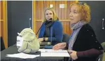  ?? PHOTO: KERRIE WATERWORTH ?? The elephant in the room . . . Accompanyi­ng Lake Hawea Community Associatio­n chairwoman Cherilyn Walthew (right) and her personal assistant Danni McConnell during their submission at the Upper Clutha draft Queenstown Lakes spatial plan hearings in Wanaka yesterday was a soft toy elephant with the name tag Herr Paught.