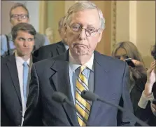  ??  ?? What is your opinion of Medicaid, the joint state and federal program that provides health care for the poor and disabled? Senate Majority Leader Mitch McConnell, R- Ky., looks grim as he tells reporters Tuesday that he is delaying a vote on the Republican health- care bill.