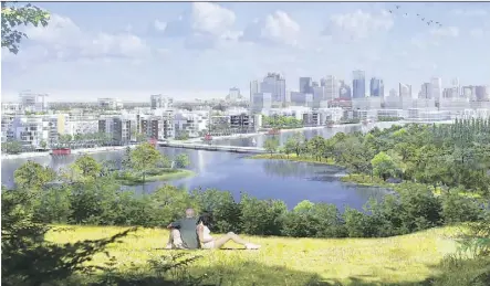  ?? CITY OF EDMONTON ?? This is the original image of Blatchford plan with a recreation­al lake.