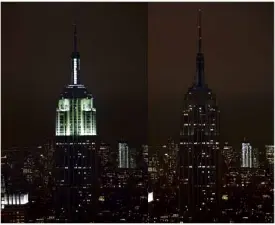  ?? AP, AFP, REUTERS ?? PHOTOS taken before and during Earth Hour show (from left) St. Stephen’s Tower in London, Malaysia’s iconic Petronas Twin Towers in Kuala Lumpur, and Empire State Building in New York.