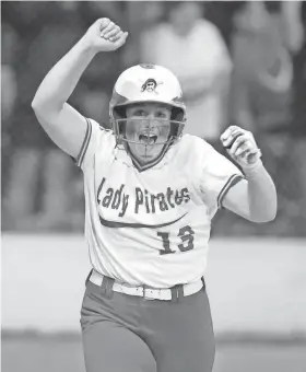  ?? TERRY/THE OKLAHOMAN BRYAN ?? Dale's Maddie Conley celebrates after hitting the game-winning home run in the Class 4A state slowpitch softball state championsh­ip game last May.