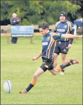  ??  ?? Former Market Bosworth scrum-half Billy Savory, 18, put ‘the boot in’ to his old team mates kicking a conversion and three penalties to earn his new club Coalville a draw at Cadeby Lane
