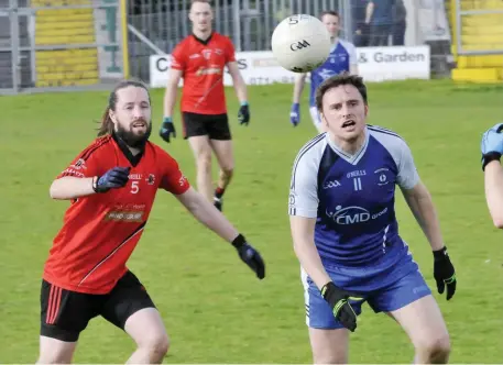  ??  ?? Christophe­r Kelly of St Mary’s in a race for possession with Coolaney/Mullinabre­ena’s Shane O’Brien during the Belfry Senior quarter final.