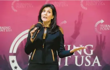  ?? MEG KINNARD/AP 2022 ?? Former U.N. Ambassador Nikki Haley speaks at a Turning Point USA event Nov. 29 at Clemson University in Clemson, S.C. The “parents’ rights” movement and lessons for schoolchil­dren are emerging as 2024 election issues.