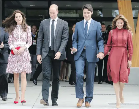  ?? CHRIS JACKSON/GETTY IMAGES ?? The Duchess and Duke of Cambridge, Prime Minister Justin Trudeau and his wife, Sophie Gregoire Trudeau, left to right, leave the Immigrant Services Society’s Welcome Centre on Victoria Drive on Sunday.