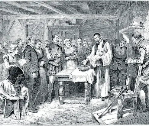  ?? WIKIPEDIA ?? Baptism of Virginia Dare, lithograph, 1880. The story has spawned a narrative suited for an era of racial tension.