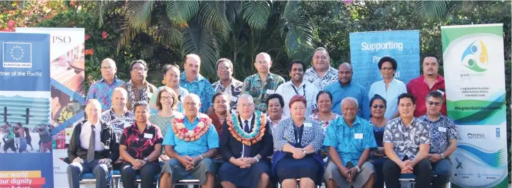  ?? Photo: PIPSO ?? Front row, third left: Pacific Islands Private Sector Organisati­on (PIPSO) board chairman Howard Politini and Pacific Islands Developmen­t Forum seretary-general Francois Martel with members on the 26th of July, 2017 at the Hexagon Hotel in Nadi.
