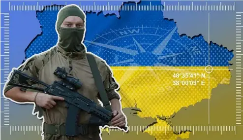  ?? ?? Image composite montrant un soldat finlandais en Ukraine, avec les coordonnée­s de la carte en arrière-plan