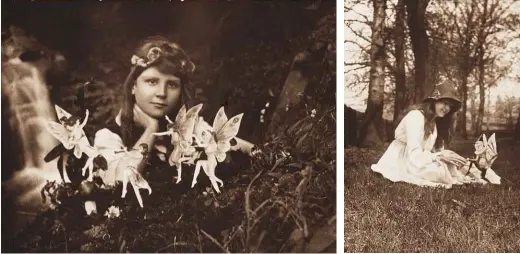  ??  ?? ABOVE: The two 1917 photograph­s, showing fairies dancing before Frances and Elsie with a winged ‘gnome’. BELOW: A fairy drawn by Elsie in later life.