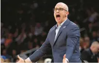  ?? SARAH STIER/GETTY ?? Uconn coach Dan Hurley reacts in the first half against St. John’s during the semifinals of the Big East tournament Friday at Madison Square Garden in New York City.