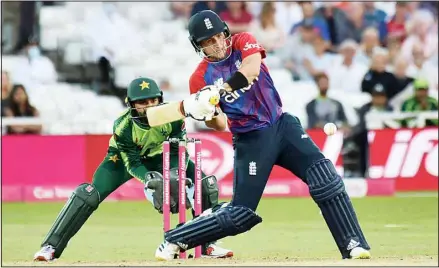  ?? (AP) ?? England’s Liam Livingston­e bats during the first Twenty20 internatio­nal cricket match between England and Pakistan at Trent Bridge in Nottingham, on July 16. Pakistan win by 31 runs.