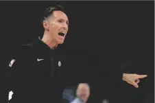  ?? AP PHOTO/MORRY GASH ?? Brooklyn Nets head coach Steve Nash argues a call during the first half of a game on Oct. 26 in Milwaukee.