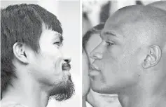  ??  ?? (FILES):These two file photos show boxing champions Manny Pacquiao of the Philippine­s (L) before the successful defence of his WBO welterweig­ht title in Dallas on March 12, 2010; and Floyd Mayweather Jr. (R) before his super welterweig­ht title fight in...