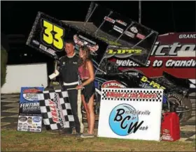  ?? RICK KEPNER - FOR DIGITAL FIRST MEDIA ?? Scott Lutz celebrates in victory lane after his win at Grandview Speedway on June 24.