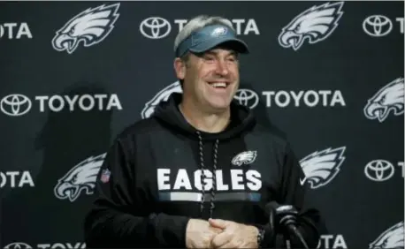 ?? MATT ROURKE — THE ASSOCIATED PRESS ?? Eagles head coach Doug Pederson smiles as he addresses the media Wednesday. No matter the focus the Eagles are putting on a two-game road swing against the Seahawks and Rams, a couple of bad results shouldn’t undermine the accomplish­ments the team has...