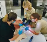  ??  ?? Oakland Zoo’s Dr. Lynette Waugh, Oakland Zoo’s Vice President of Animal Care Colleen Kinzley and Oakland Zoo’s Zoological Manager Ann-Marie Bisagno treat the mountain lion’s paws for burns.