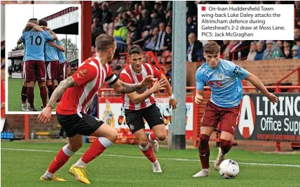  ?? ?? ■ On-loan Huddersfie­ld Town wing-back Luke Daley attacks the Altrincham defence during Gateshead’s 2-2 draw at Moss Lane. PICS: Jack Mcgraghan