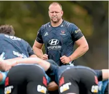  ?? GETTY IMAGES ?? Joe Moody lends his experience­d eye to the Crusaders scrum during training at Rugby Park this week.