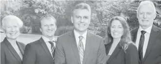  ??  ?? The five Saanich candidates who make up United for Saanich, from a promotiona­l ad for the slate. From left: Karen Harper, Cory Montgomery, Richard Atwell, Kathleen Burton and Ian Jessop. Atwell is the incumbent mayor and Harper is an incumbent councillor.