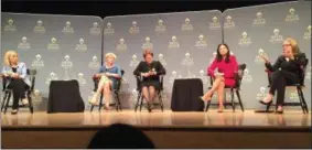  ?? LINDA STEIN — DIGITAL FIRST MEDIA ?? Female congressio­nal candidates, from left, Mary Gay Scanlon, Chrissy Houlahan, Bibiana Boerio, Pearl Kim and Madeleine Dean speak at Bryn Mawr College.