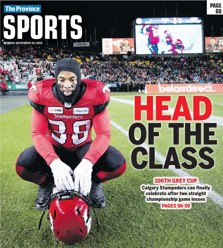  ?? — THE CANADIAN PRESS ?? Calgary running back Terry Williams celebrates a punt return touchdown against Ottawa during the 106th Grey Cup in Edmonton on Sunday.