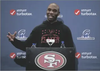  ?? AP PHOTO/JEFF CHIU ?? San Francisco 49ers defensive coordinato­r DeMeco Ryans speaks at a news conference before an NFL football practice in Santa Clara, Calif., on Thursday.