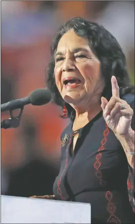  ?? (File Photo/AP/Paul Sancya) ?? Civil rights leader Dolores Huerta speaks in July 2016 during the final day of the Democratic National Convention in Philadelph­ia. Huerta, a co-founder of the United Farmworker­s with Cesar Chavez, is a slated speaker for the 2021 Selma Bridge Crossing Jubilee.