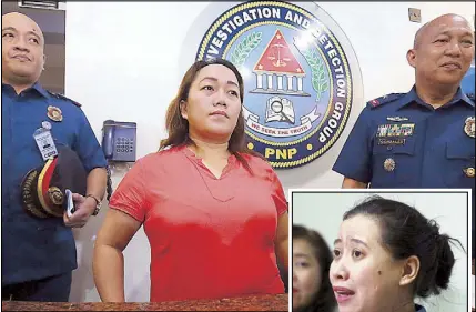  ?? MICHAEL VARCAS ?? Agnes Tuballes, recruiter of murdered OFW Joanna Demafelis, is presented to media at Camp Crame yesterday following her surrender. Inset shows Mariza Asanji Mohamed, a former employee of Our Lady of Mt. Carmel Global E-Human Resources Inc., speaking...