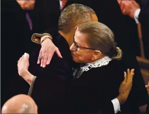  ?? NICHOLAS KAMM — AFP VIA GETTY IMAGES ?? President Barack Obama is greeted by Supreme Court Justice Ruth Bader Ginsburg as he arrives to deliver his State of the Union address before a joint session of Congress on Jan. 12, 2016.