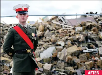  ??  ?? Incredulou­s: Warrant Officer Ross Hunt and the ruins of his property in Inverkeith­ing, Fife AFTER