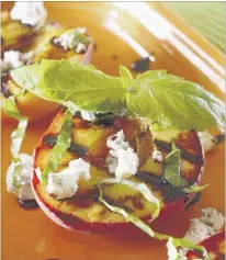  ??  ?? Balsamic syrup and blue cheese add tang and texture to grilled peaches.