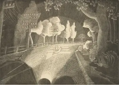  ??  ?? Gertrude Hermes’ Through the Windscreen (1929) recreates the lost romance of the night drive