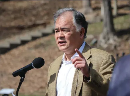  ?? PHOTO PROVIDED ?? Ron Kim announces that he is running for Mayor of Saratoga Springs during a press conference on Wednesday at High Rock Park.