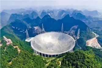  ?? LIU XU/ XINHUA VIA AP ?? China’s Five-hundredApe­rture Spherical Telescope sits in remote Pingtang county in southwest China’s Guizhou province.