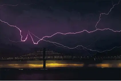  ?? KARL MONDON — STAFF PHOTOGRAPH­ER ?? Lightning fills the sky above the Bay Bridge as dawn breaks in San Francisco on Sunday. About 2,500 lightning strikes were recorded Sunday.